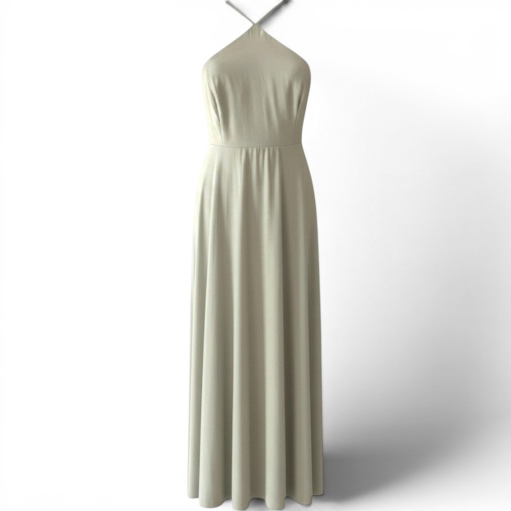 Lulus Maxi Dress Womens L Sage Green  Halter High Slit Formal Wedding Chic Gala